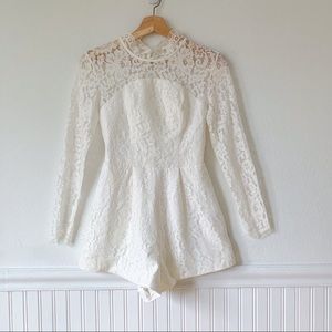 Keepsake white lace up long slv mock neck romper